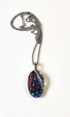 Purple Orange Blue & Green Dichroic Glass Pendant Silver Tone Necklace Signed DB
